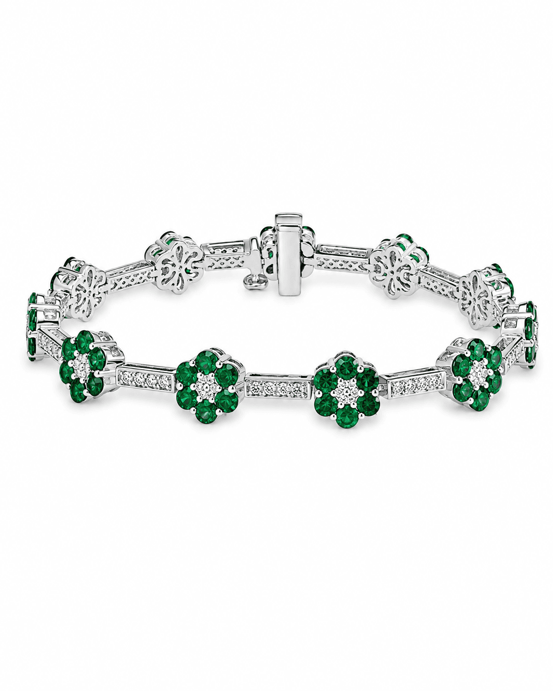 White-metal bracelet with green gemstone flowers and diamonds