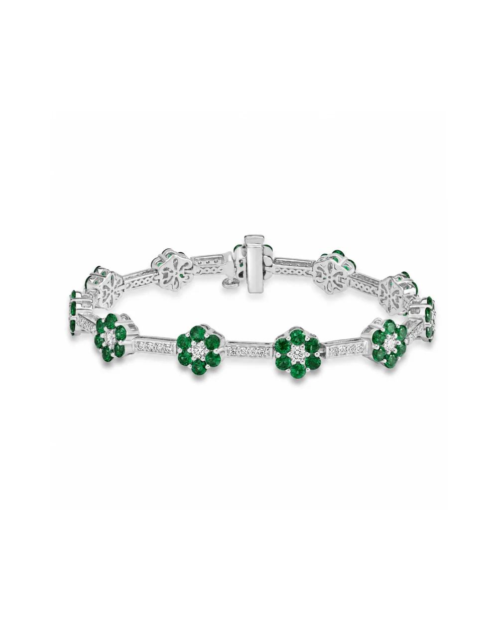 White-metal bracelet with green gemstone flowers and diamonds