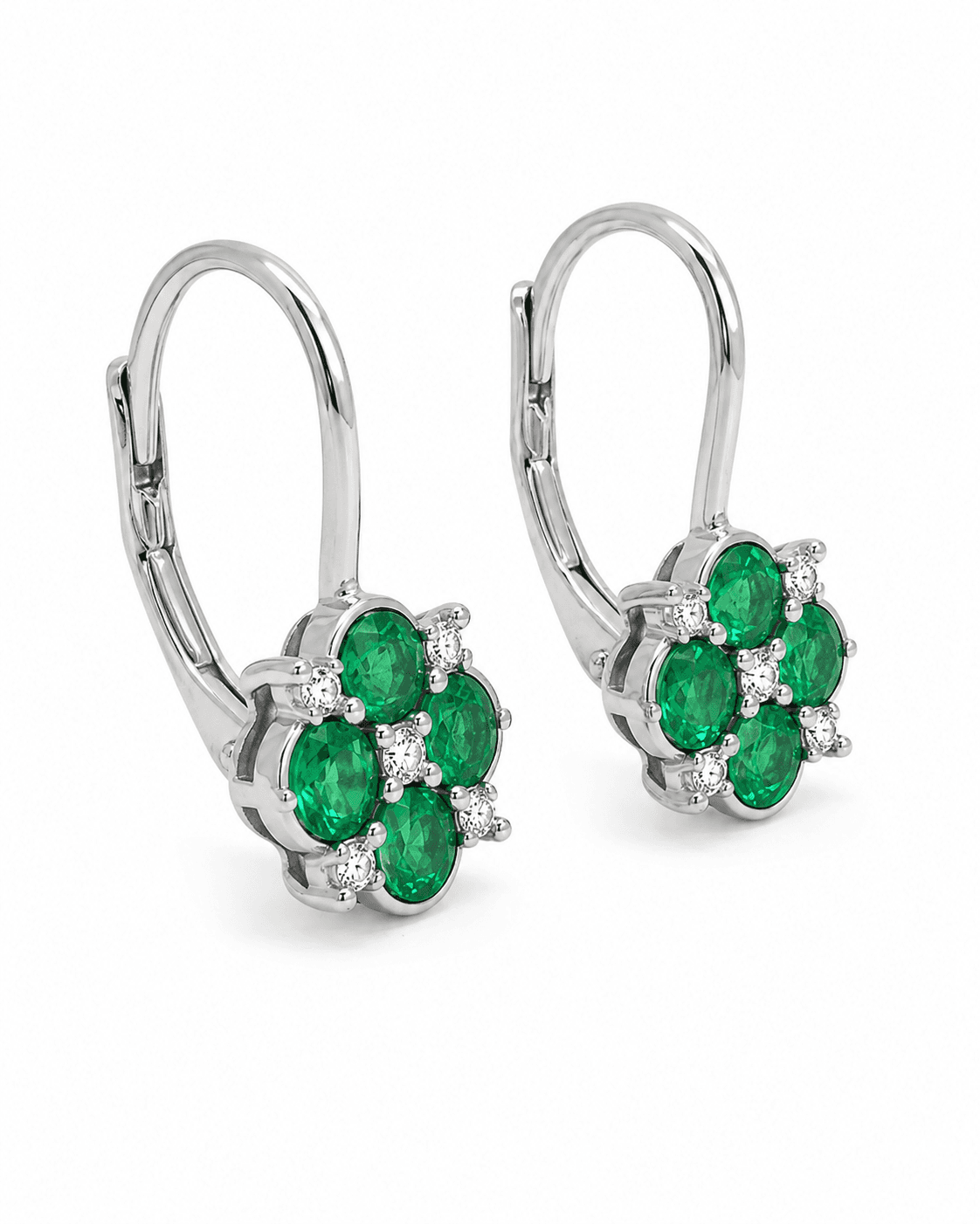 White-metal earrings with green gemstones and diamonds