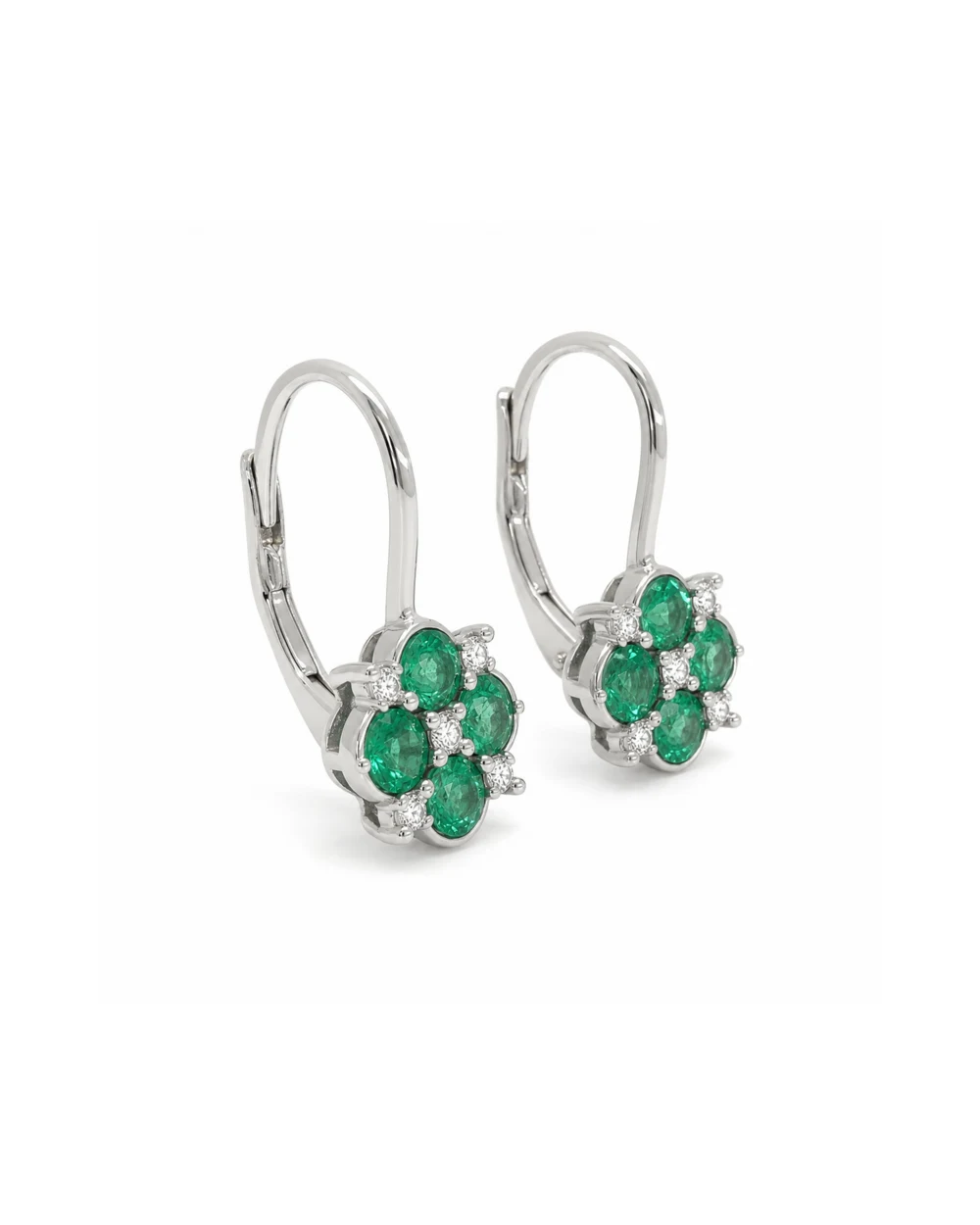 White-metal earrings with green gemstones and diamonds