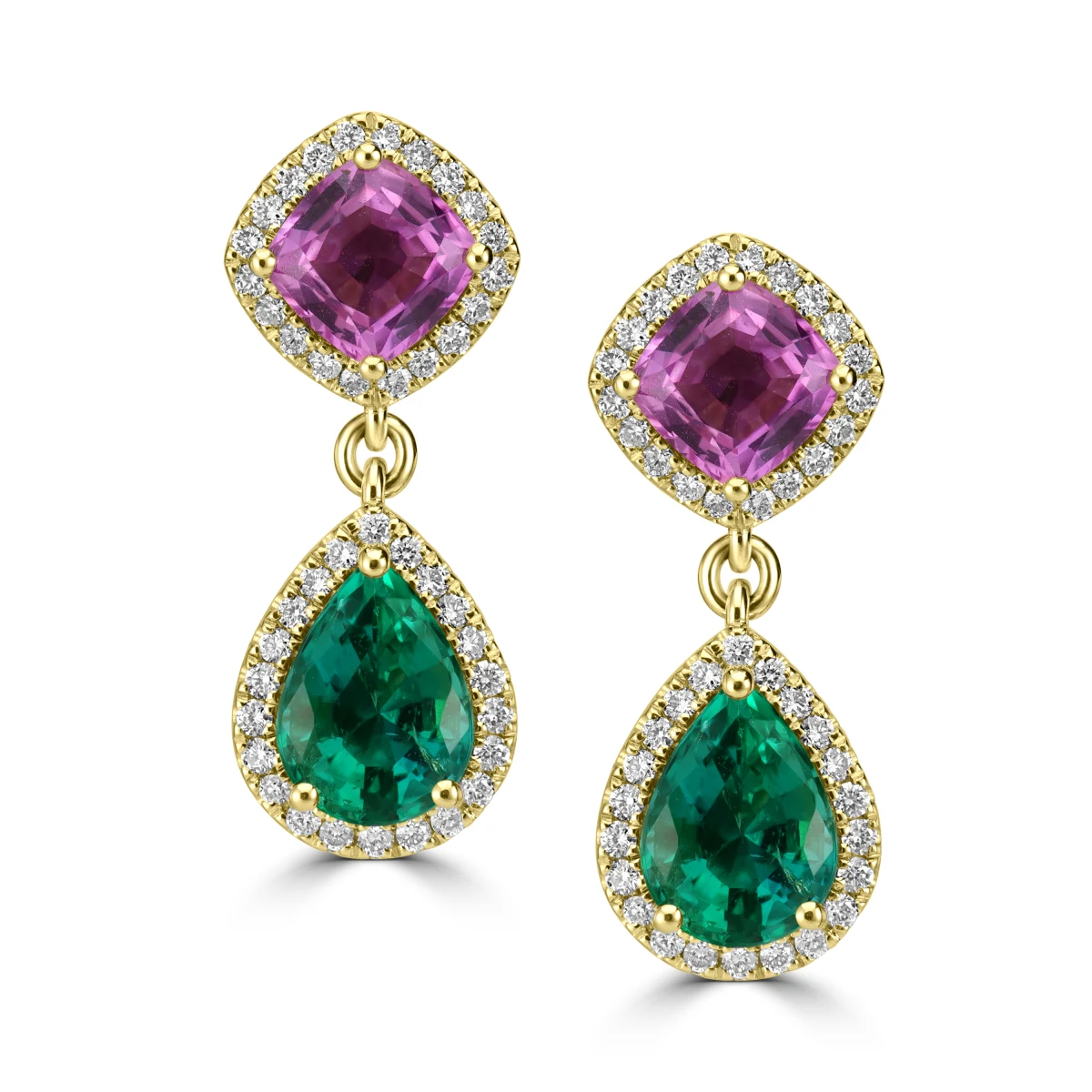 Gold earrings set with pink and green gemstones