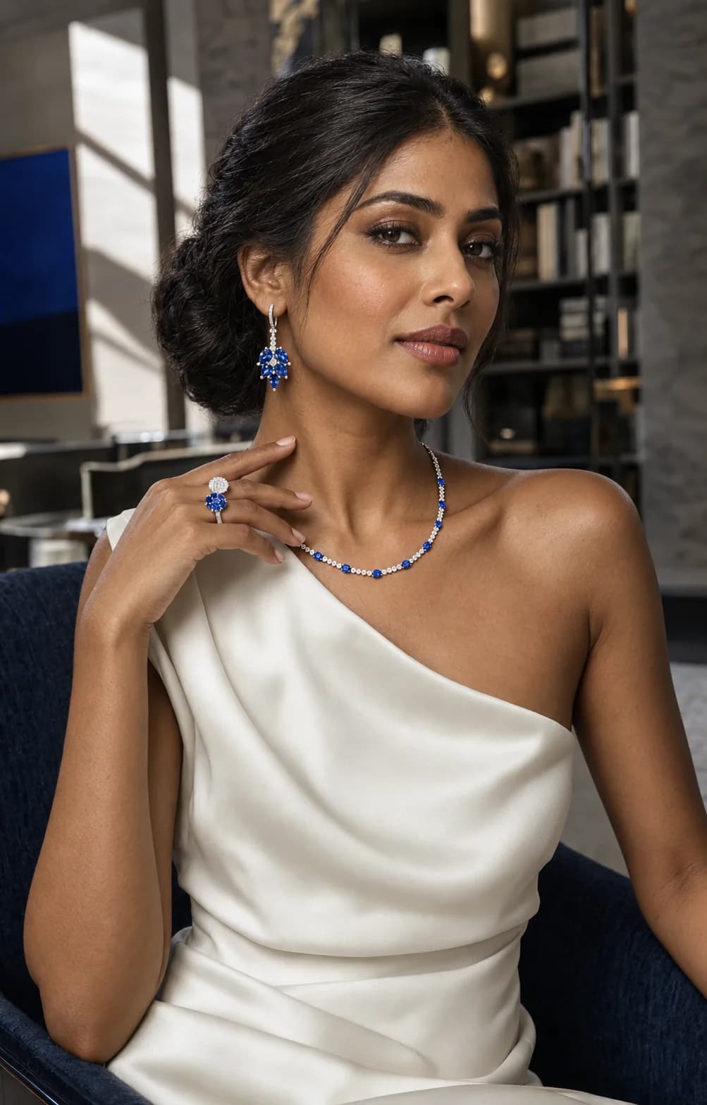 Woman wearing sapphire jewellery during a private consultation