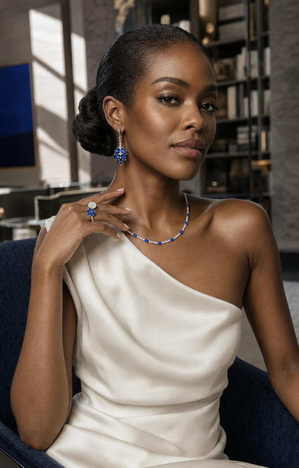 Woman wearing sapphire jewellery during a private Viana consultation