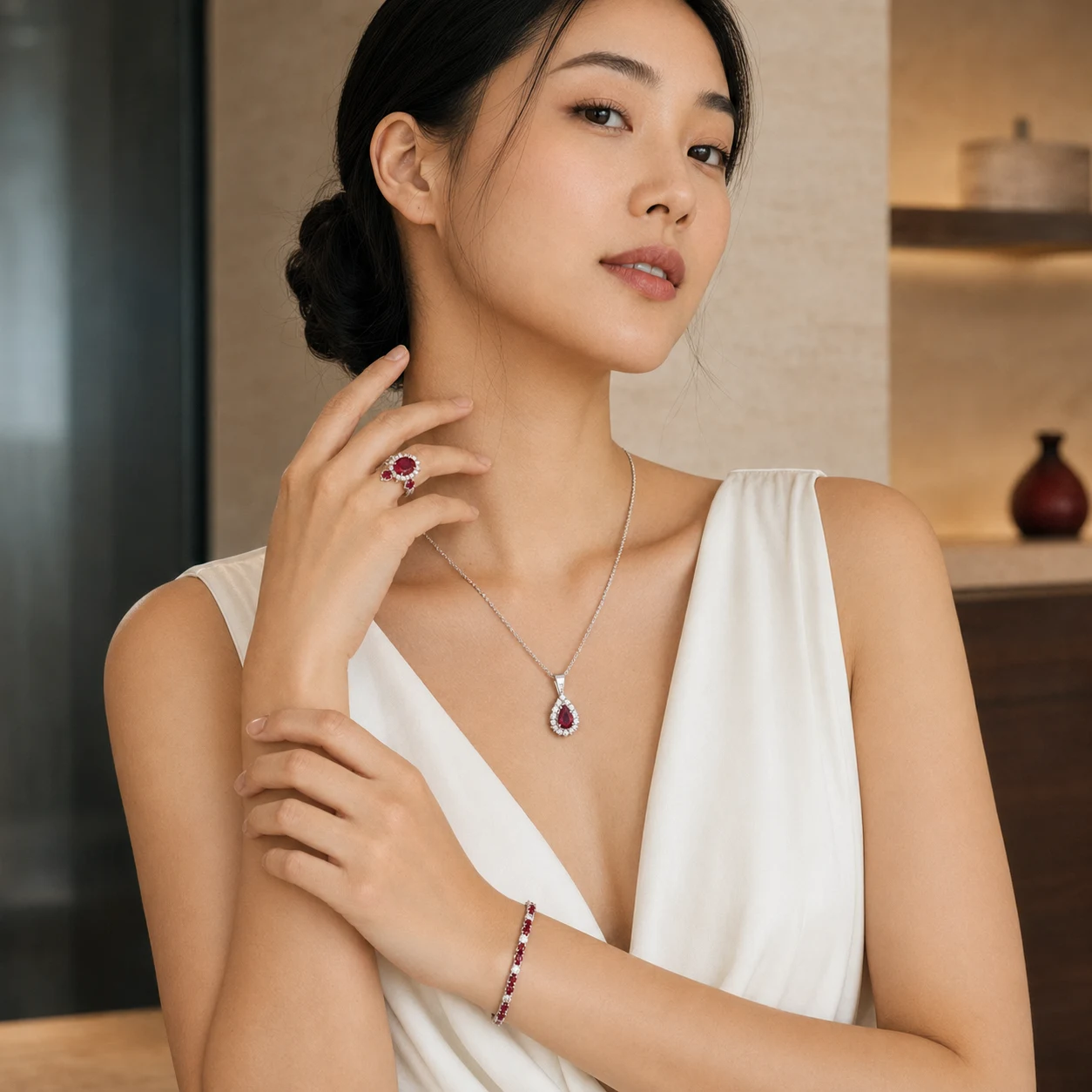 Woman wearing a ruby ring, pendant, and bracelet from Viana